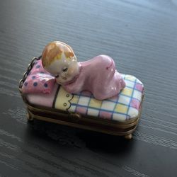 Limoges France La Glorietta Peint Main Trinket Box - Baby On Bed, Teddy Bear Inside 