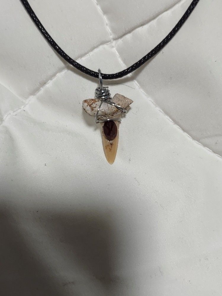 shark tooth fossil and garnet necklace