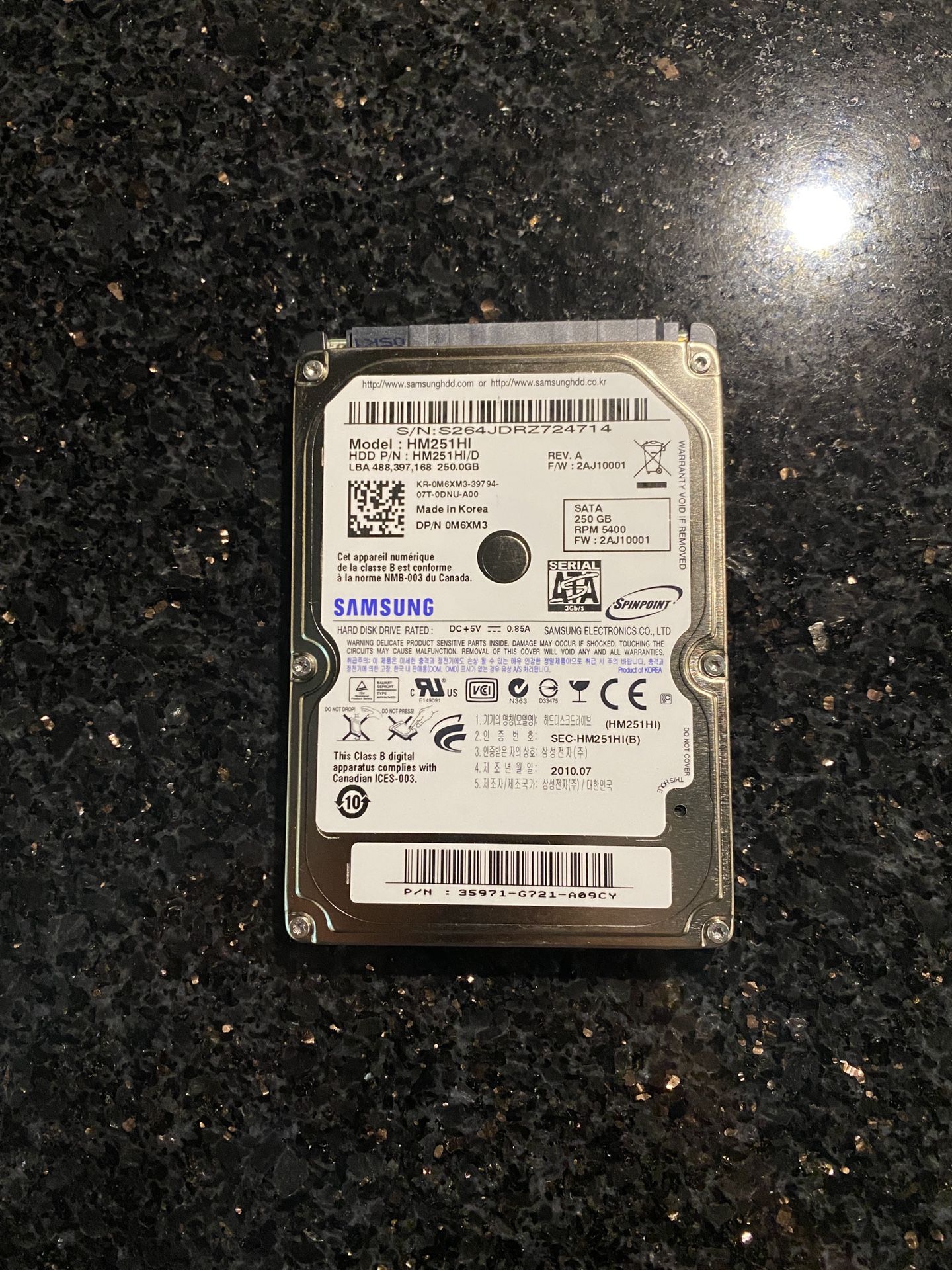 Samsung HDD 250GB 5400RPM 2.5" SATA Laptop Hard Drive Model HM251HI