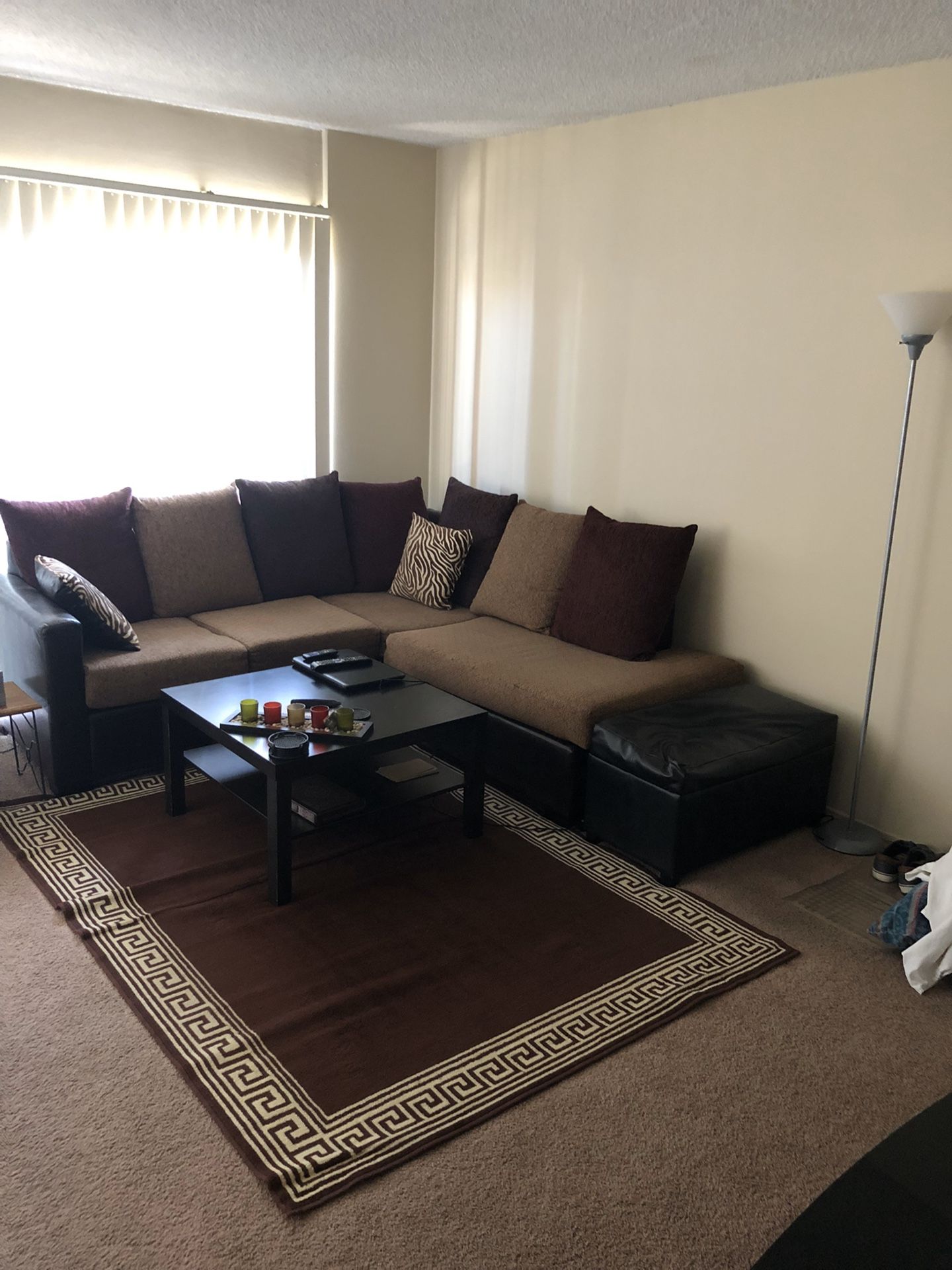 Sectional couch and coffee table with carpet