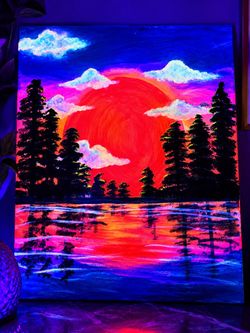 Blacklight Neon Sunset Landscape Canvas Painting