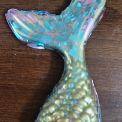 Handmade Gold Epoxy Resin Mermaid Tail With Blue And Silver Glitter 
