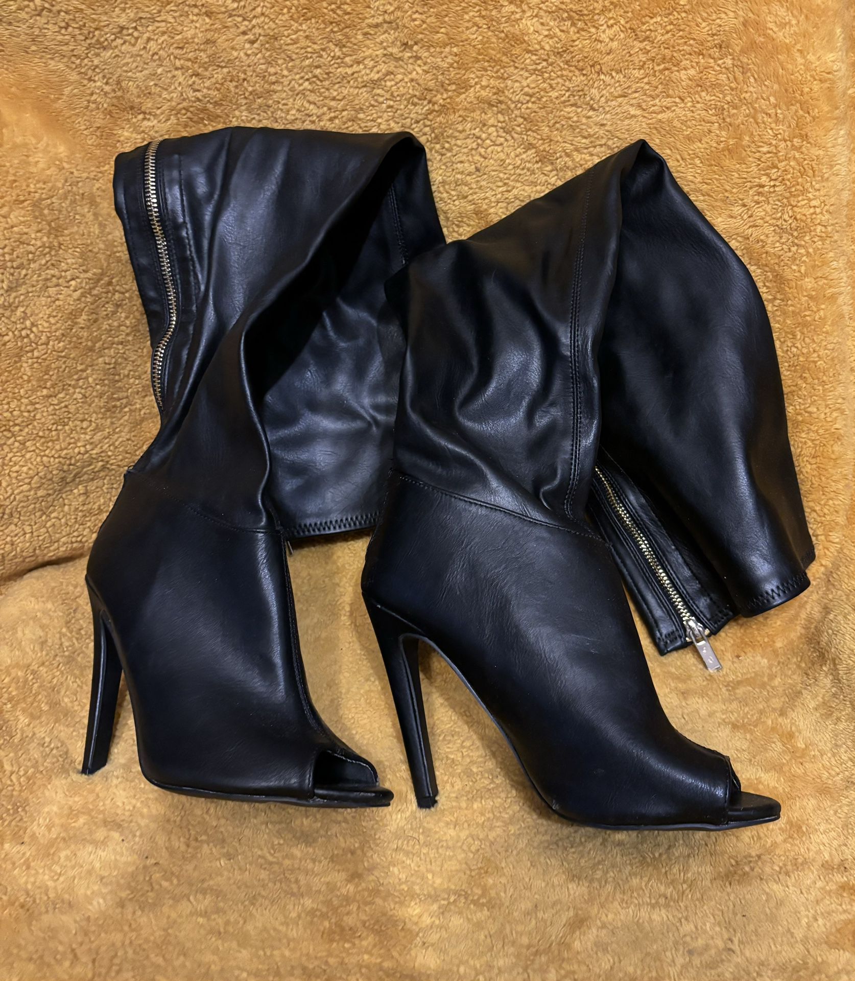 Qupid Black Leather Peep Toe Knee High Boot Heels
