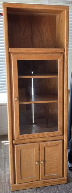 Tall Oak Finish Display Cabinet with Glass Door & Storage