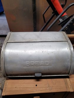 vintage Kromex aluminum roll-top bread box 1950s.