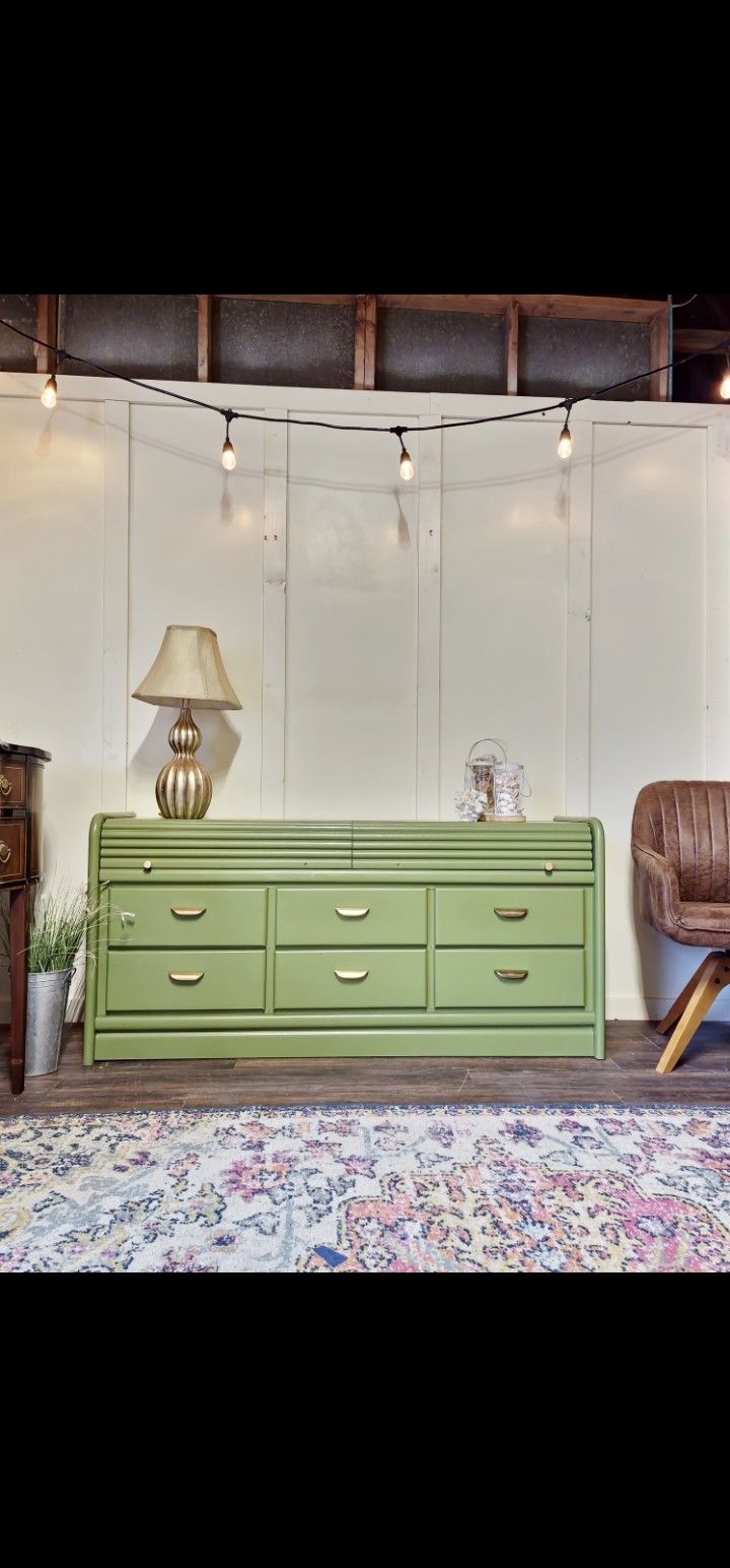 Avocado green vintage dresser Boho credenza buffet