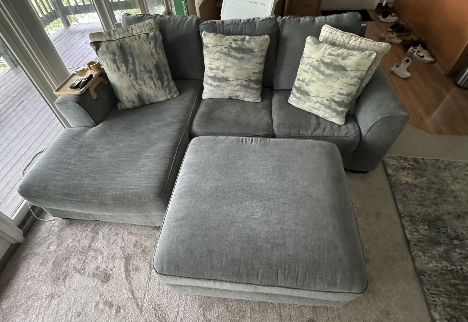 Grey Sectional Sofa Set with Chaise, Ottoman, Rug & Pillows – $350