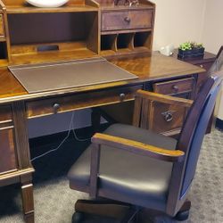Wood Executive Desk, Leather Chair, Bookcase 
