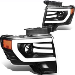 2009 - 2014 Ford F150 Raptor SVT Black Amber Projector Headlights With 3D LED Running Light Bar DRL