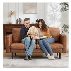 Kingfun 65" Loveseat Sofa, Faux Leather Love Seat Couch, Mid Century Modern Couch with Solid Wooden Frame for Living Room & Bedroom in Small Spaces, B