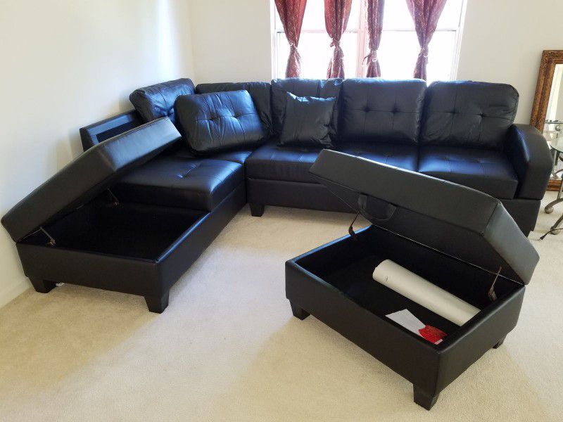 Brand New Black Leather Storage Sectional + Ottoman 