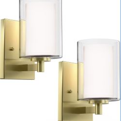 New 7”L Set of2 for Bathroom Vanity Indoor Stairwell & Mirror, Double Glass Shade&Gold Rustproof E26