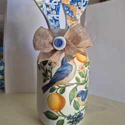 Birds, lemons and blueberry hand painted and decoupaged jar and wooden spoon set