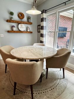 Elegant Marble Dining Set w/ Cream Upholstered Chairs