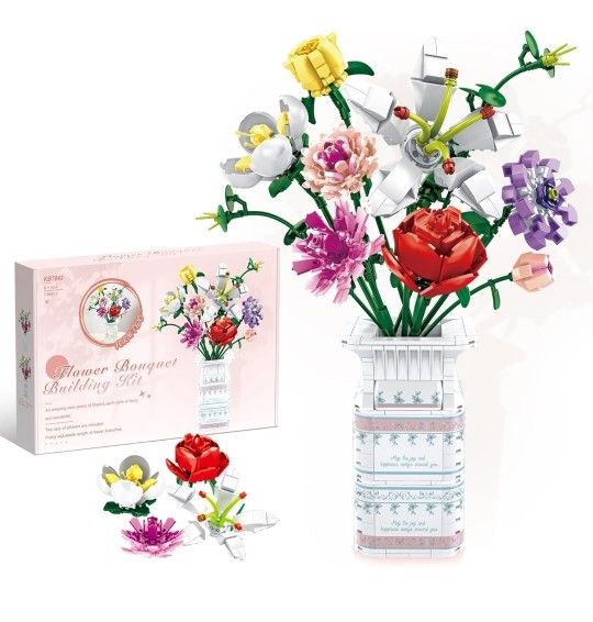 730 Piece Block Flowers Bouquet Building Set, 10 Artificial Flowers, with Vase