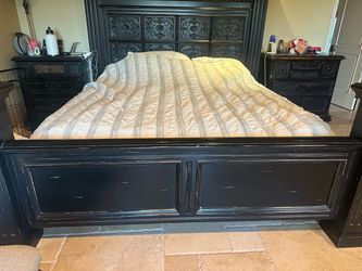 FREE- Espresso Wood King Bed Frame with Ornate Headboard