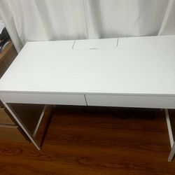 Modern White Writing Desk with 2-Drawers and Charging Station (USB & Outlets)