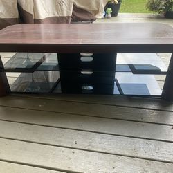 Solid Wood Tv Stand With Dark Glass Shelves