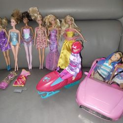 8 Barbies, Ken, Corvette And Snowmobile And More