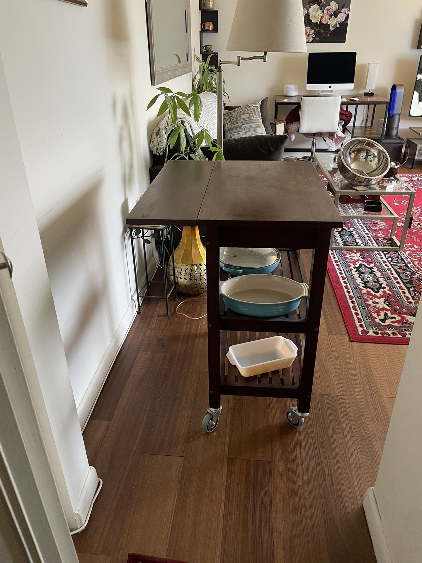 Brown - Wood , Rolling Kitchen Cart