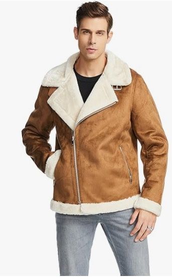 New Mens Faux Shearling Jacket Sherpa Aviator Leather Jacket Fur Coller Jacket With Zipper