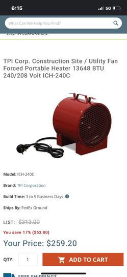 TPI Corp. Construction Site / Utility Fan Forced Portable Heater  Garage Heater electric 13648 BTU 240/208 Volt ICH-240C