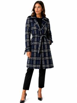 Authentic Burberry Navy Plaid Belted Trench Coat Women - NEW
