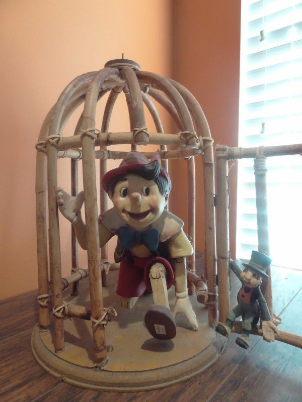 Vintage Disney Pinocchio Jiminy Cricket Wood Bamboo Bird Cage Big Fig