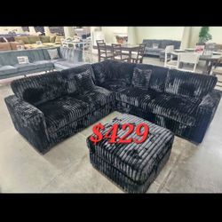 Cordroy Modern New Sectional Sofa With Ottoman Black New In Box