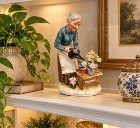Vintage Porcelain Grandma Watering Flowers Figurine – 10” Hand-Painted Garden Lady