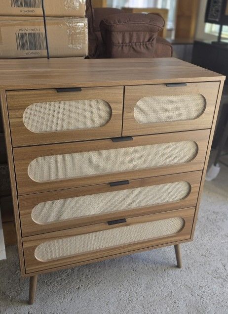 New Rattan 5 Drawer Dresser, Accent Storage Cabinet