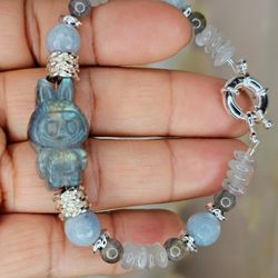 NEW Aquamarine, Labradorite Beaded Bracelet w/ Labradorite LABUBU Charm 