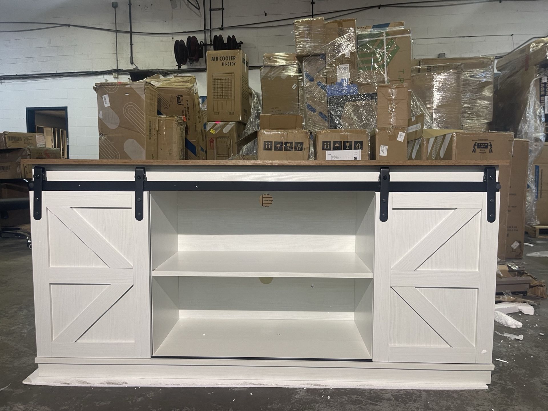 Brand New 🔥 Special offer🔥 58” White TV Stand with Sliding Barn Doors –💰$150💰 Perfect for TVs up to 65” – Stylish & Functional Living Room Hub!  F