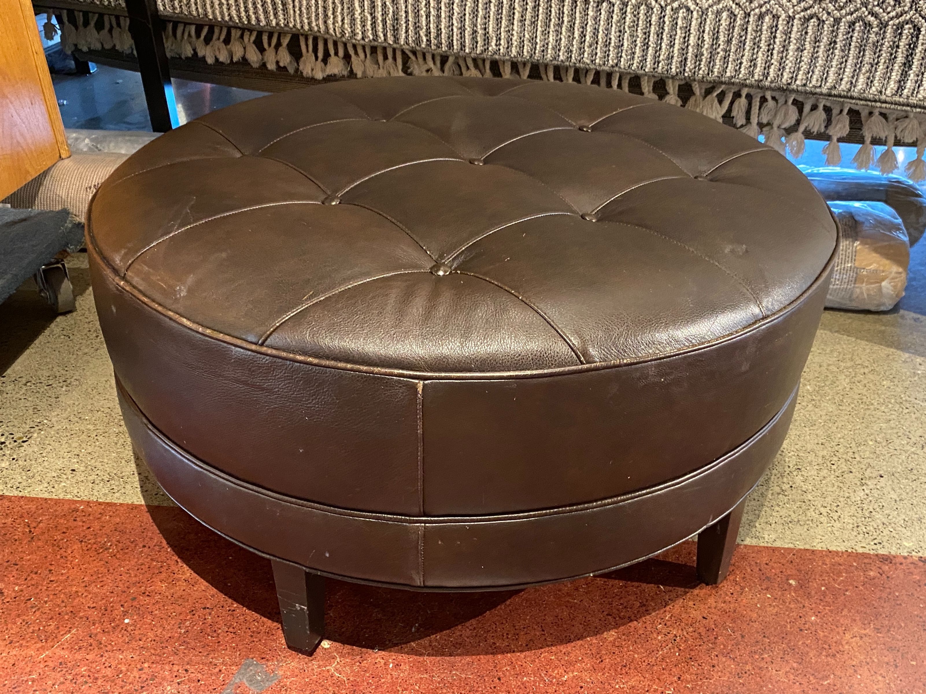 ETHAN ALLEN Nassau Round Brown Button Tuft Ottoman