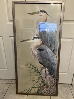 Large Framed Lithograph (Art Lamay Florida) Great Blue Heron Bird, Signed Numbered. 580/1500.