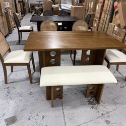 New6 pieces Modern Double Pedestal Dining Set with 4 Upholstered Rattan Back Dining Chairs and Bench