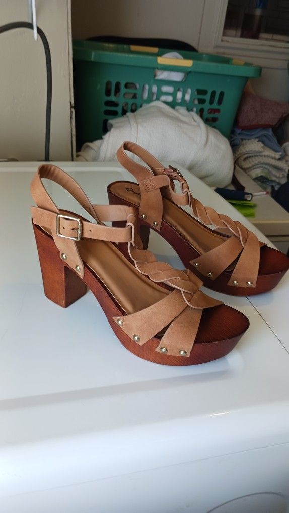 YOURS Brown Cross Strap Wedge Heels