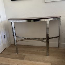 Entry Table Half Moon Shape Mahogany Top Chrome Base