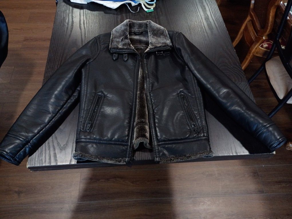 Men's Black Leather Jacket With a Faux Fur Lining, "Black Rivet" Brand Distressed Moto Style.
