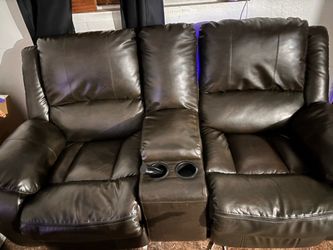 Dark Brown Leather  style Reclining Loveseat with Console