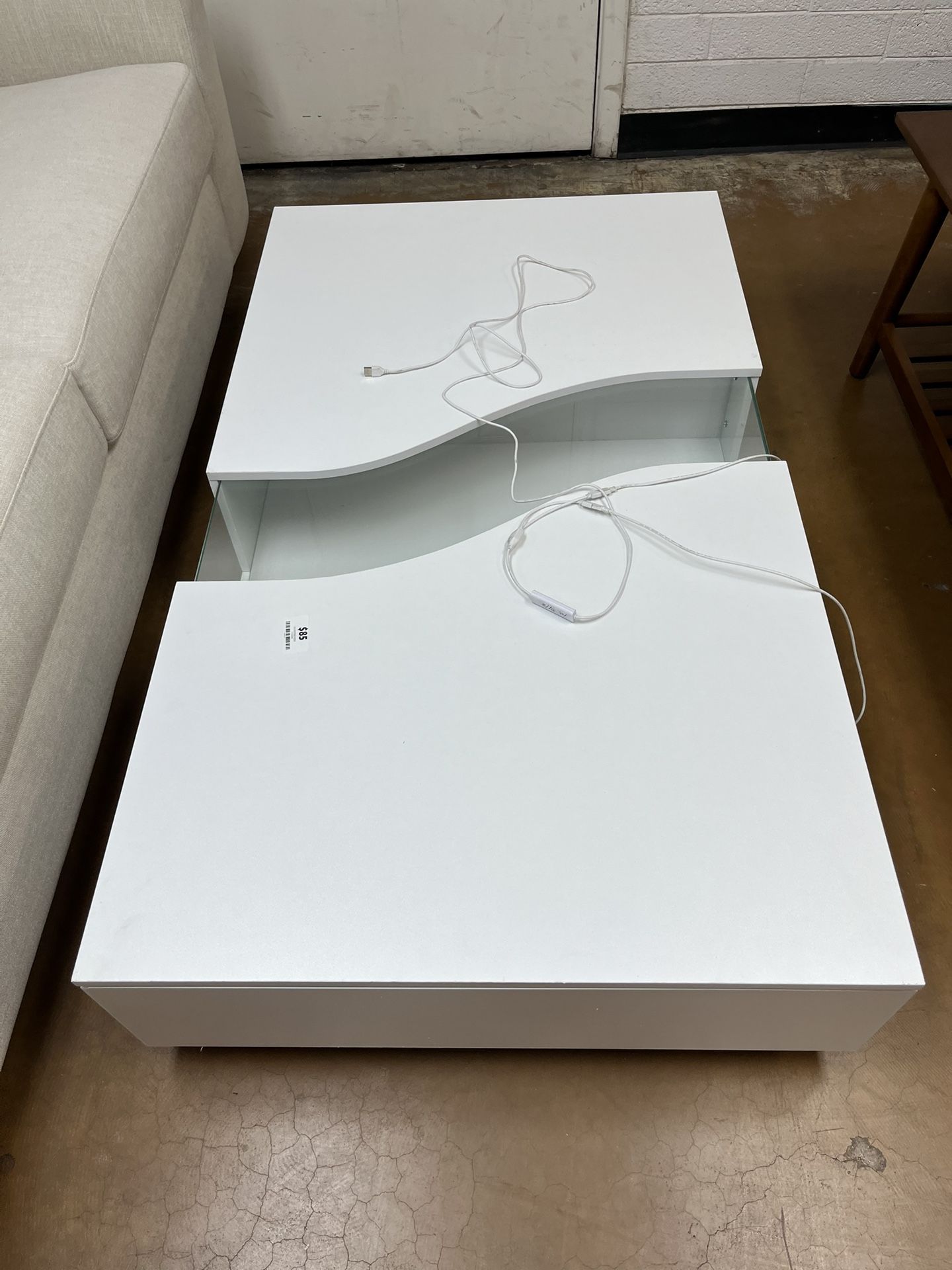 55.1 in. W White Rectangle Wooden Coffee Table, Side Table, End Table with 2 Drawers & Visable Decored Light