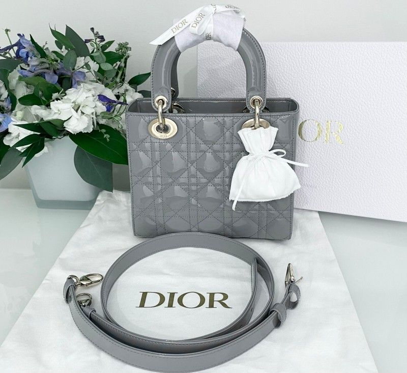 New Christian Dior Small Lady Dior Stone Cannage Leather Handbag Gray Grey