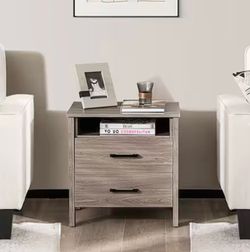 Natural 2 Drawer Modern Wood Grain Nightstand with Cable Hole and Open Compartment
