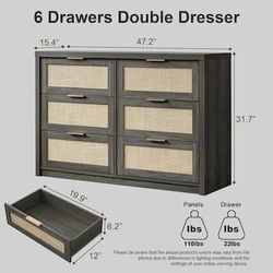 6 Drawer Double Dresser with Rattan Panels