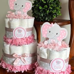 PINK GRAY ELEPHANT LITTLE PEANUT BABY SHOWER DIAPER CAKE centerpieces gift decor