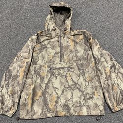 Natural Gear mens size medium waterfowl 1/4 length front zippered pullover camouflage hunting jacket with a fixed hood, and a large zippered accessory
