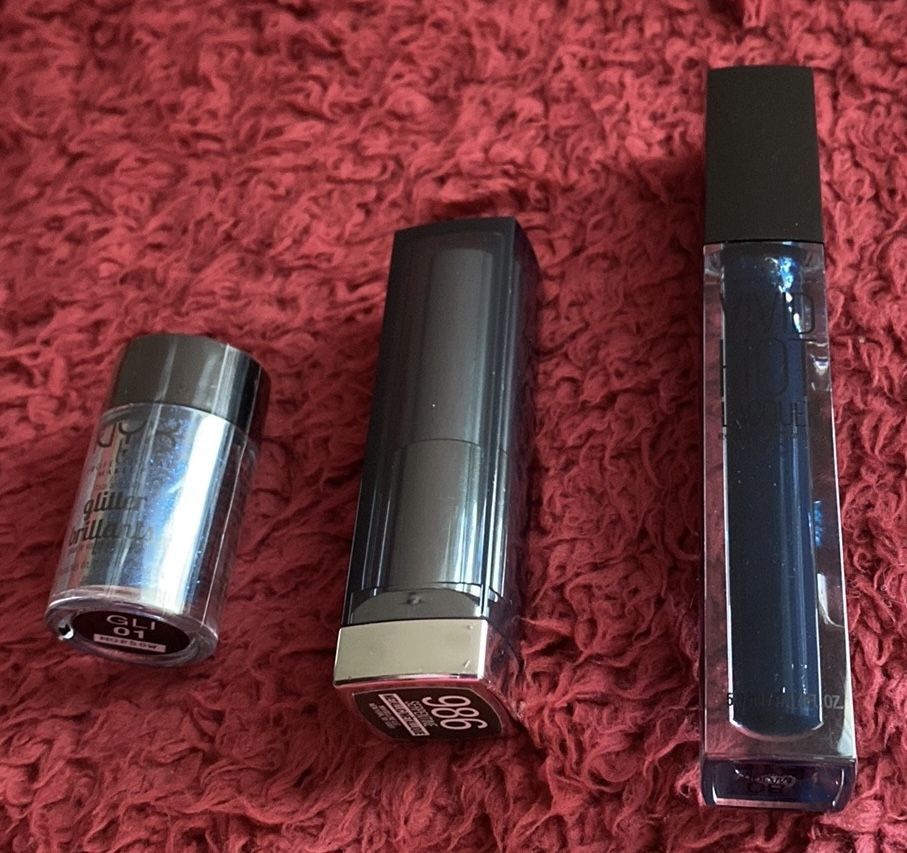 NWT “Maybelline Blue Liquid, Metallic Green Lipsticks, NYX Blue Glitter”