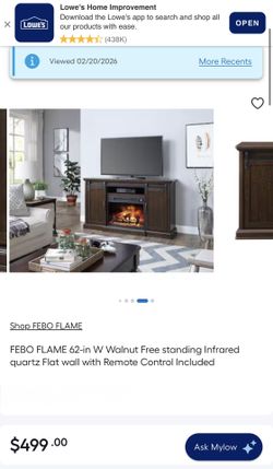 TV Stand-Fire Place. FEBO FLAME 62-in W Walnut Free standing Infrared quartz Flat wall with Remote Control Included