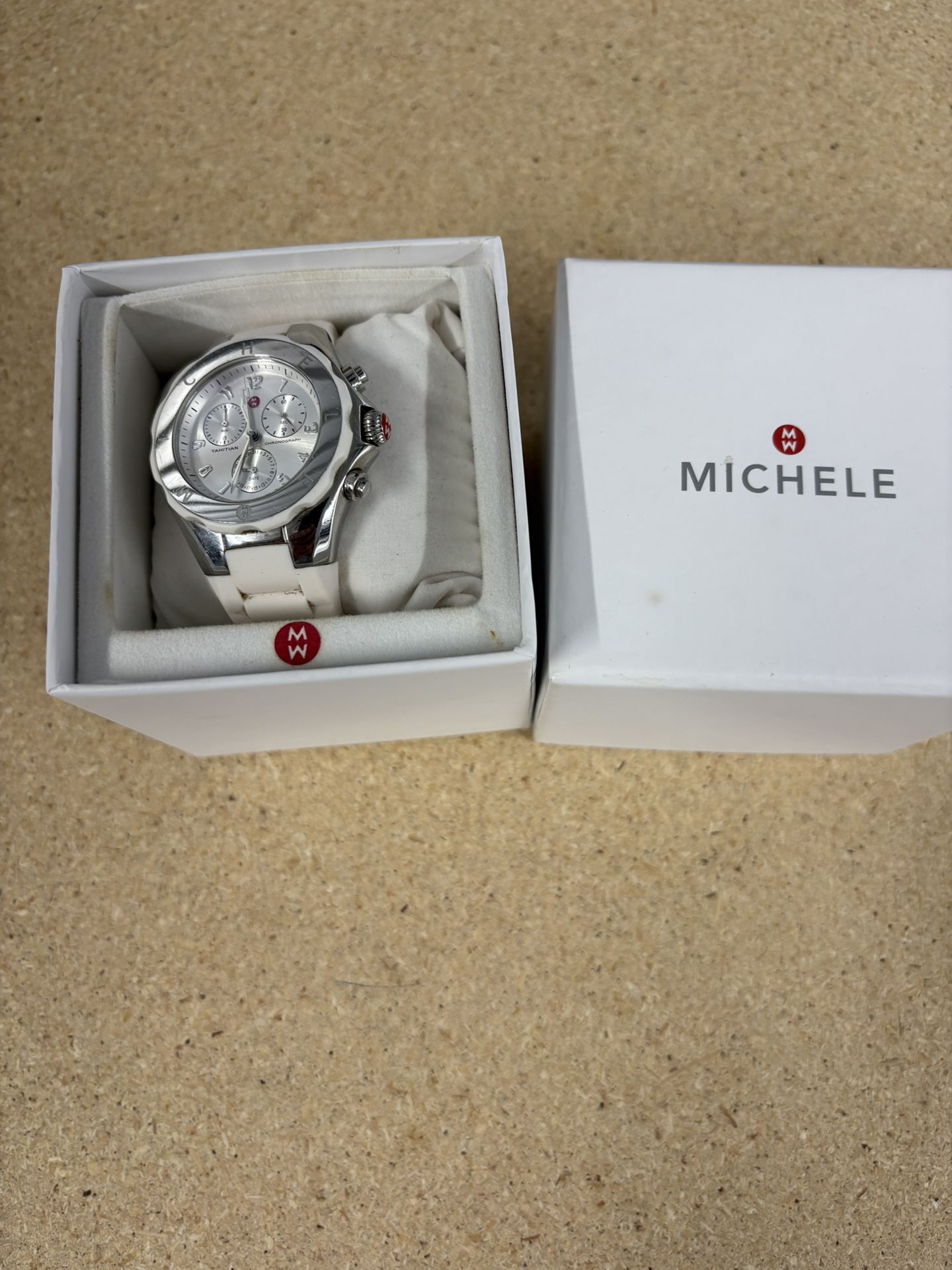 Michele Silver Stainless Steel with White Silicone Band and box