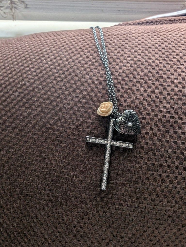 Black With Cross N Ston S With Heart Locket With Lil Rose Flower Necklace